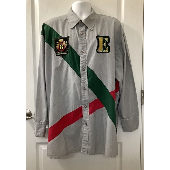 Eight732 8732 Shirt Mens 4XL Button Up Colorblock Applique Stripe Gray Y2K - Picture 1 of 9